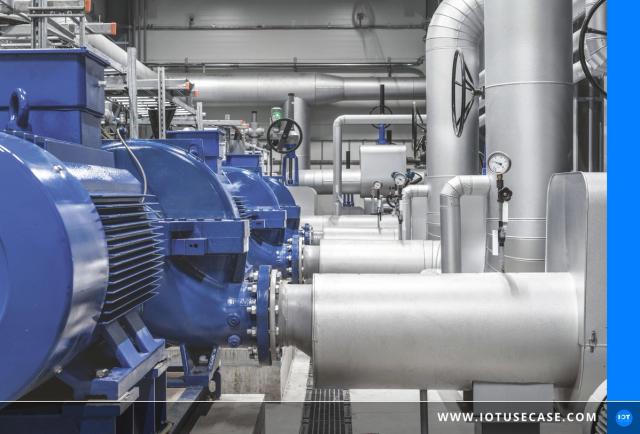 Industrial transfer pump with piping, monitored via a wireless Asystom vibration sensor