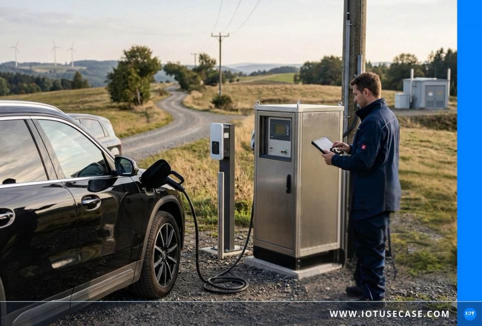 EV fast-charging station in a remote setting with a single-phase connection, remotely monitored via the IoT platform Cumulocity