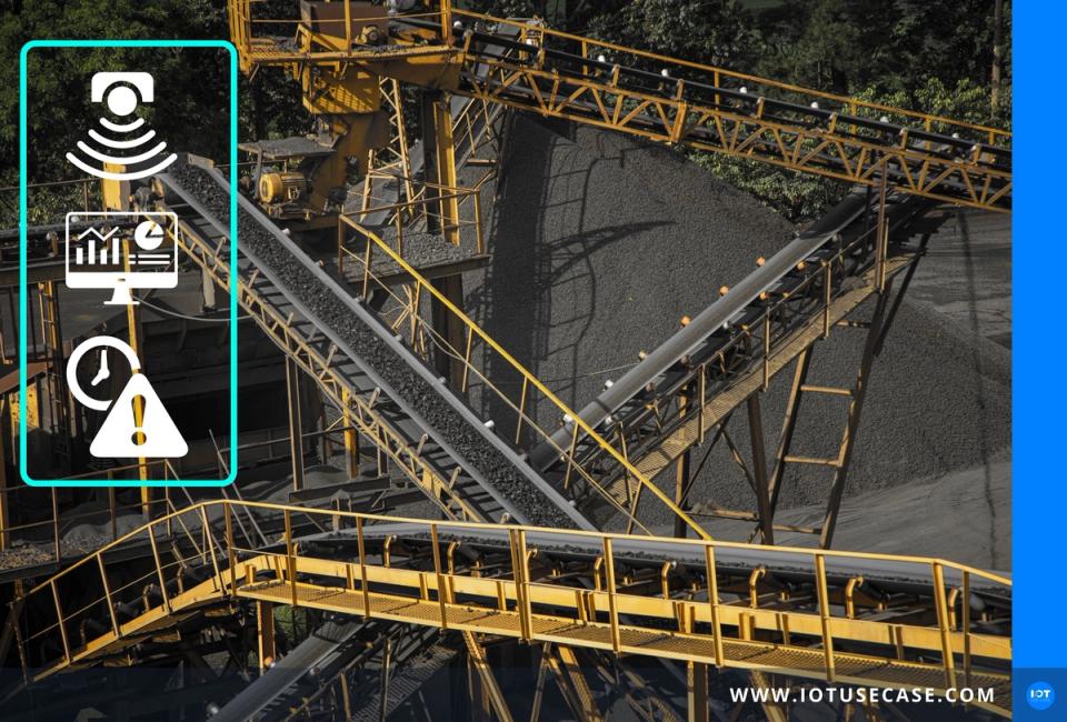 Large industrial conveying and crushing plant with overlaid sensor icons, connected via the IoT platform Cumulocity