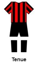 Illustratie van het NLC'03-tenue: rood-zwart gestreept shirt met zwarte broek en kousen