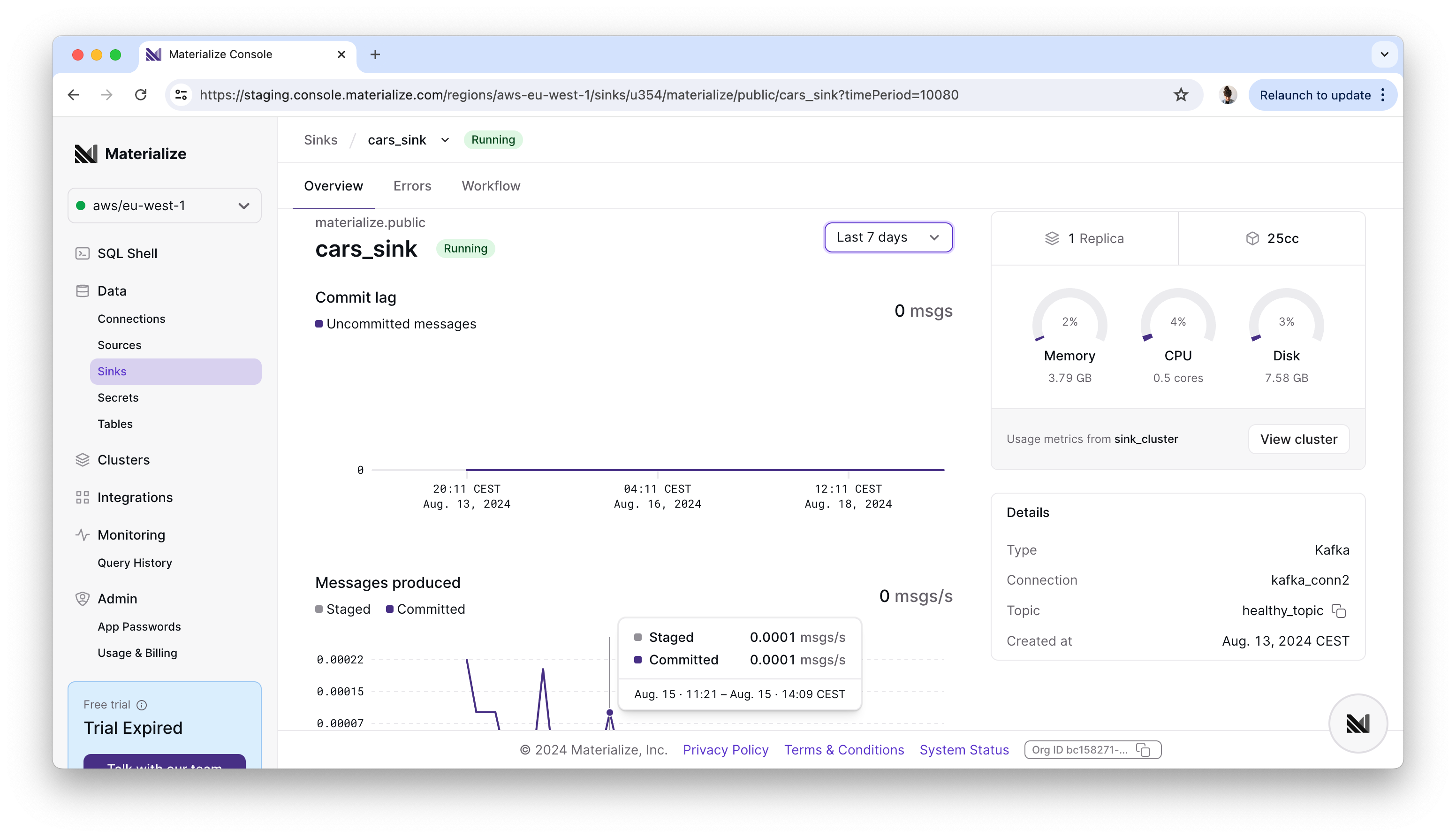 Access the new sink overview page in the 'Sinks' navigation tab.