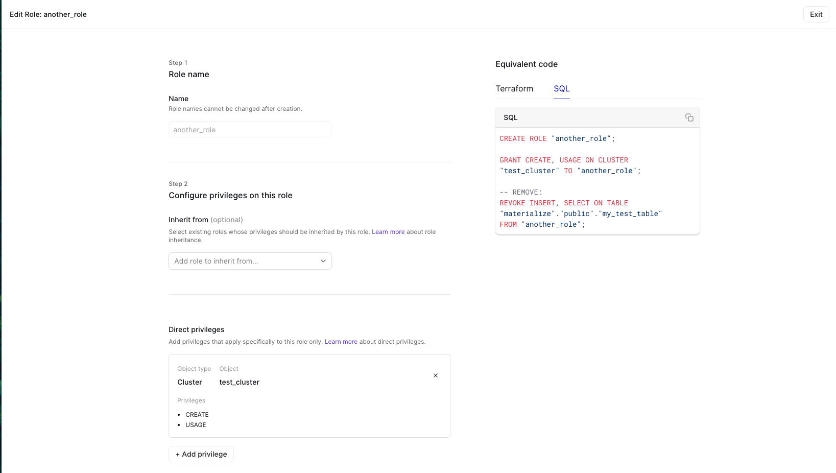 Editing a role in the Console: a form to name a role and configure its privileges, alongside an Equivalent code panel showing the matching Terraform and SQL (CREATE ROLE, GRANT, REVOKE).