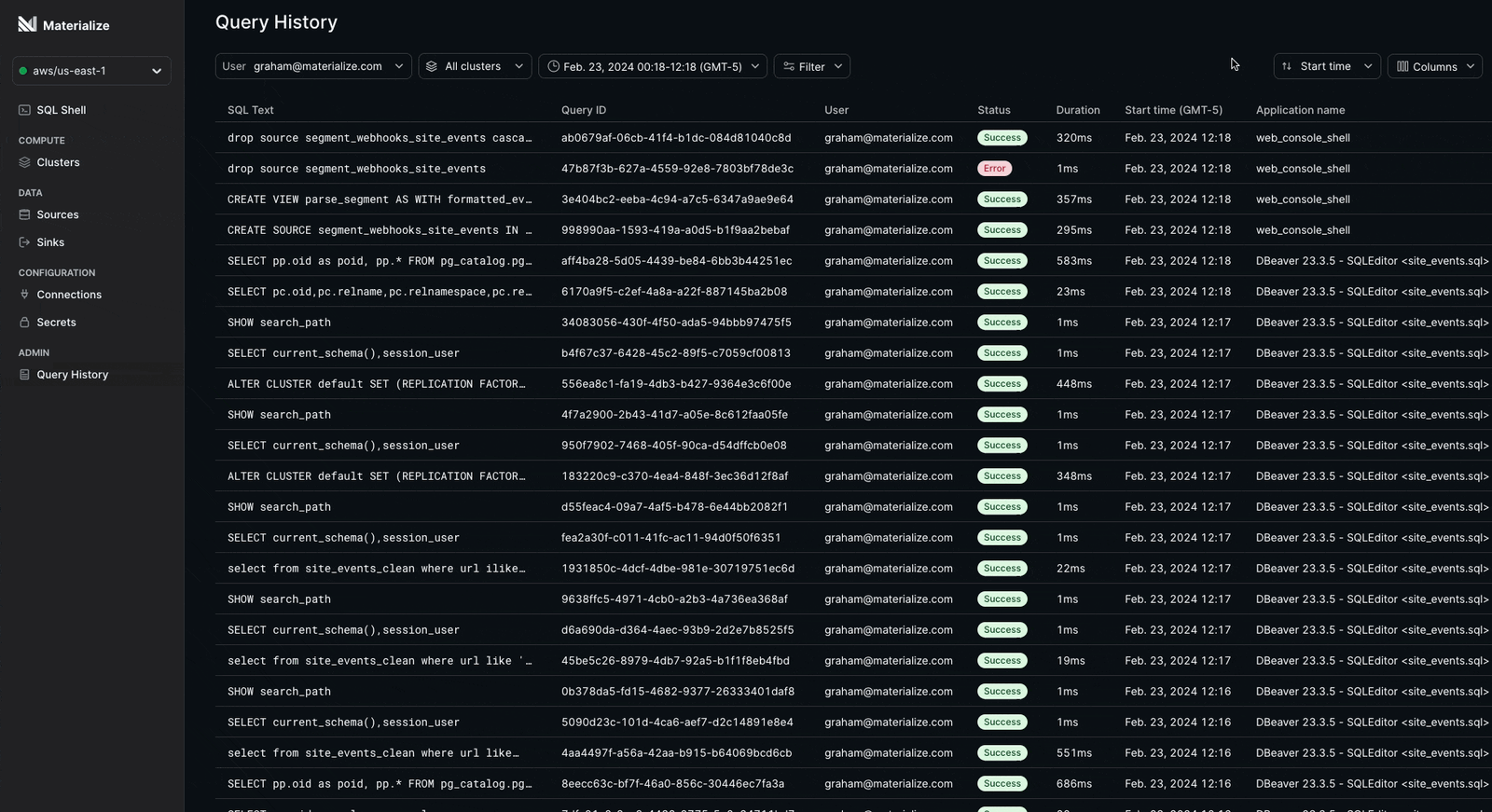 Introducing Query History | Materialize