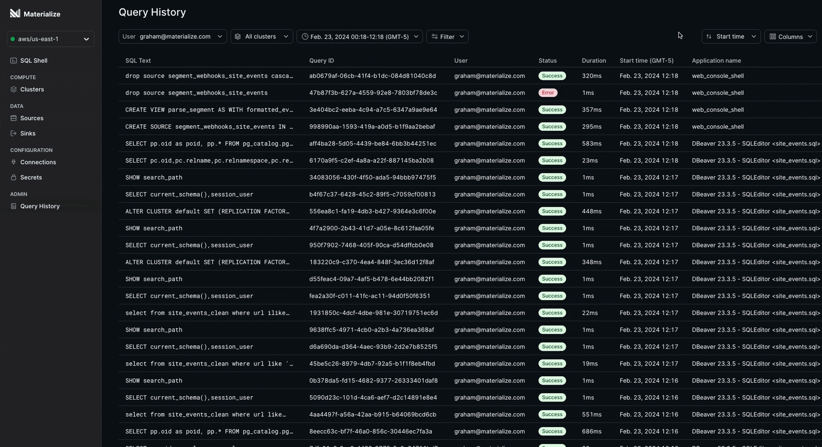 Introducing Query History | Materialize