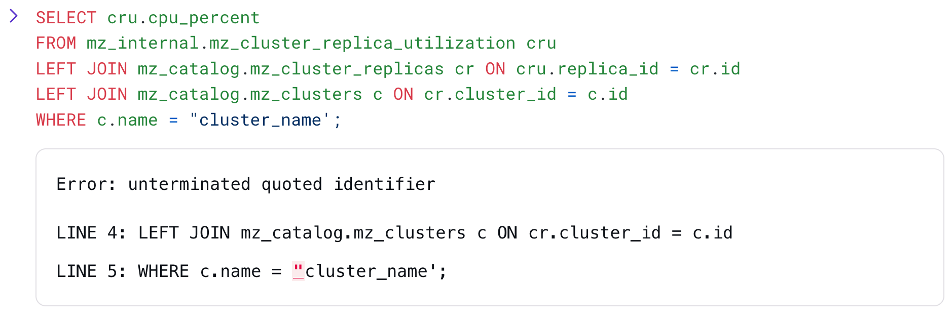 Syntax error being highlighted in red in the Console UI
