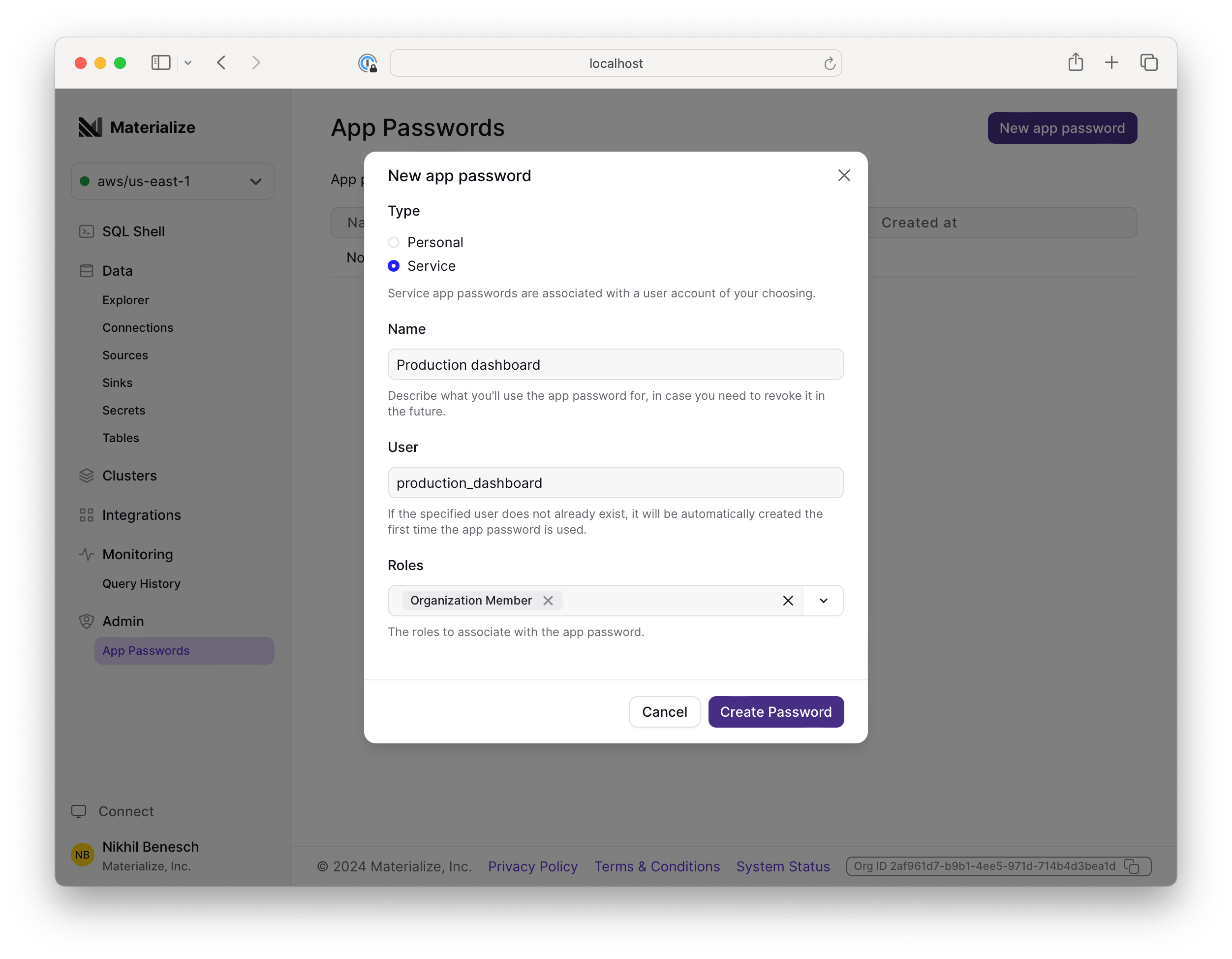 Adding an app password via the console