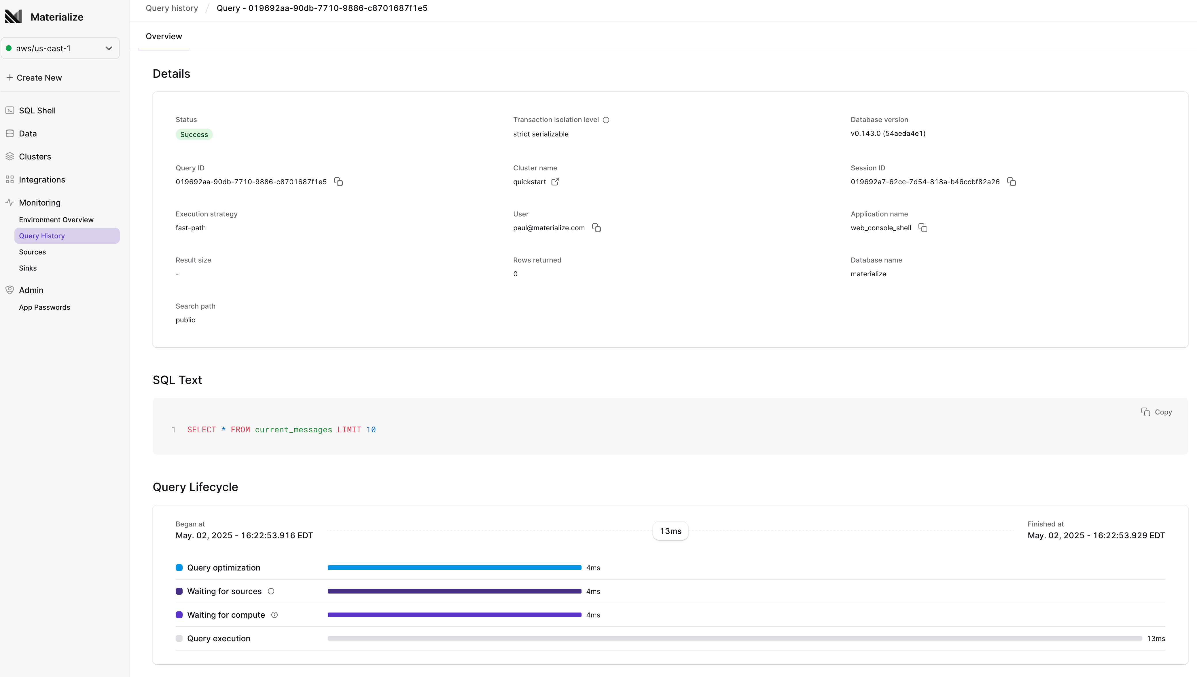Query history page for an individual query with new lifecycle overview