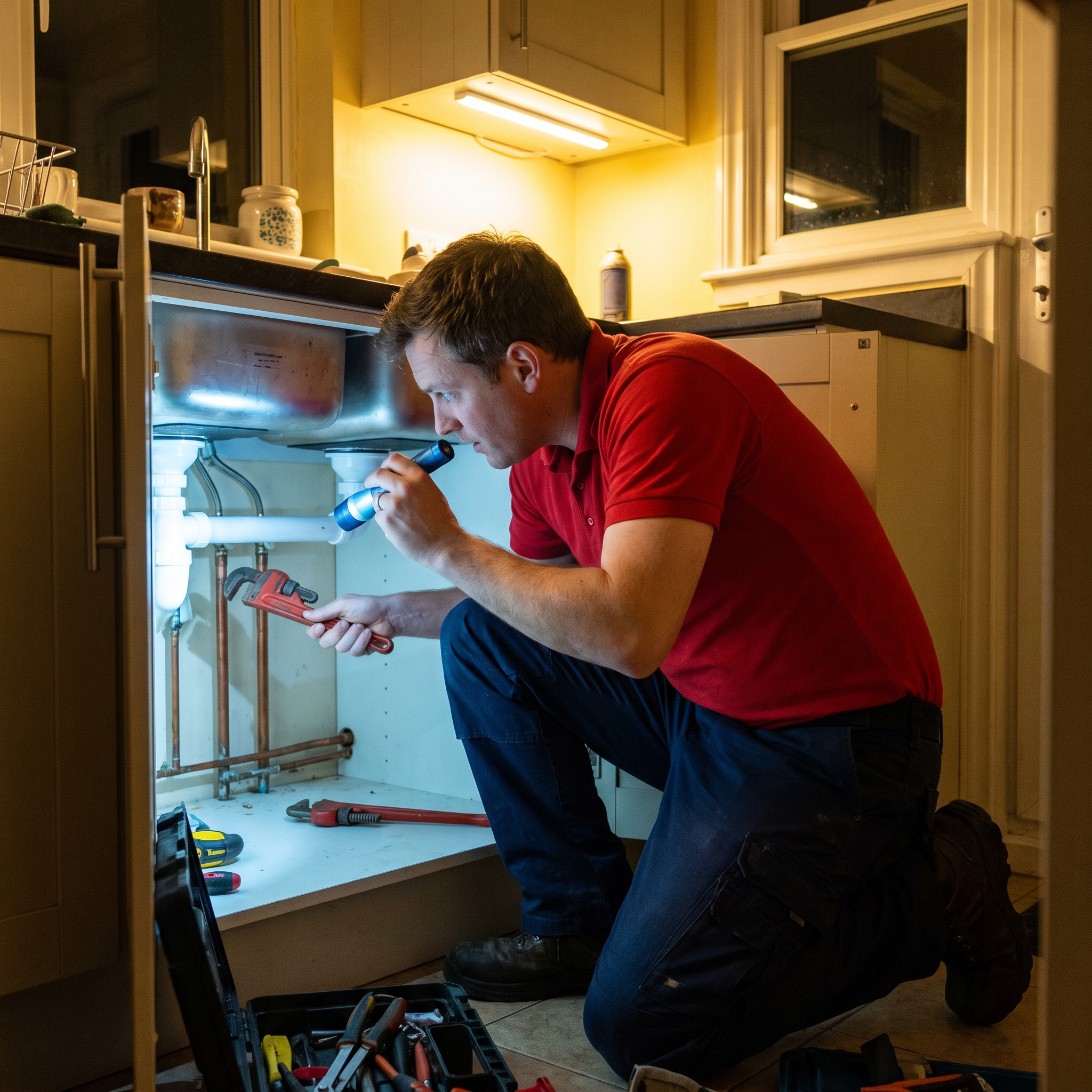 Red Otter Plumber attending to an emergency plumbing repair call