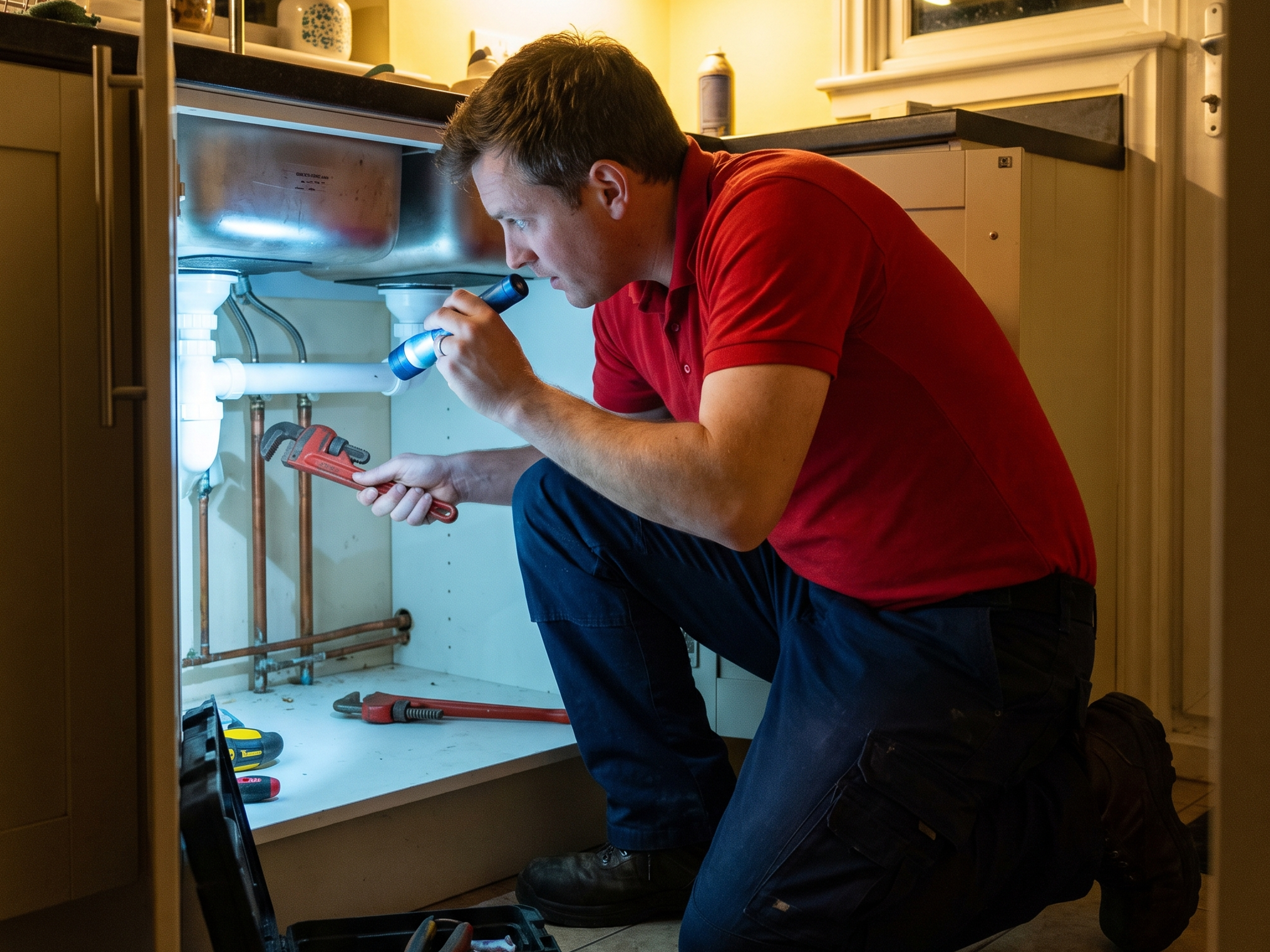 Red Otter Plumber attending to an emergency plumbing repair call
