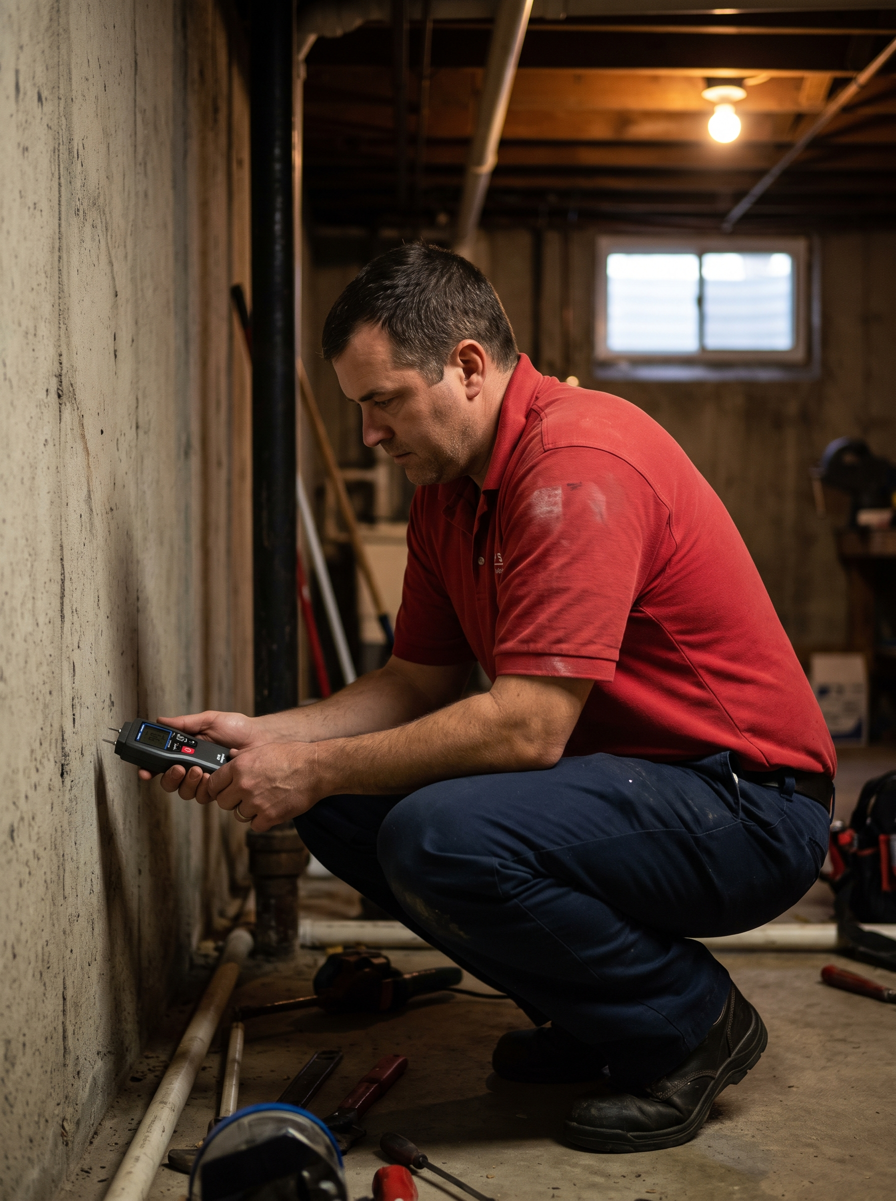 Red Otter Plumber detecting a leak with a moisture meter