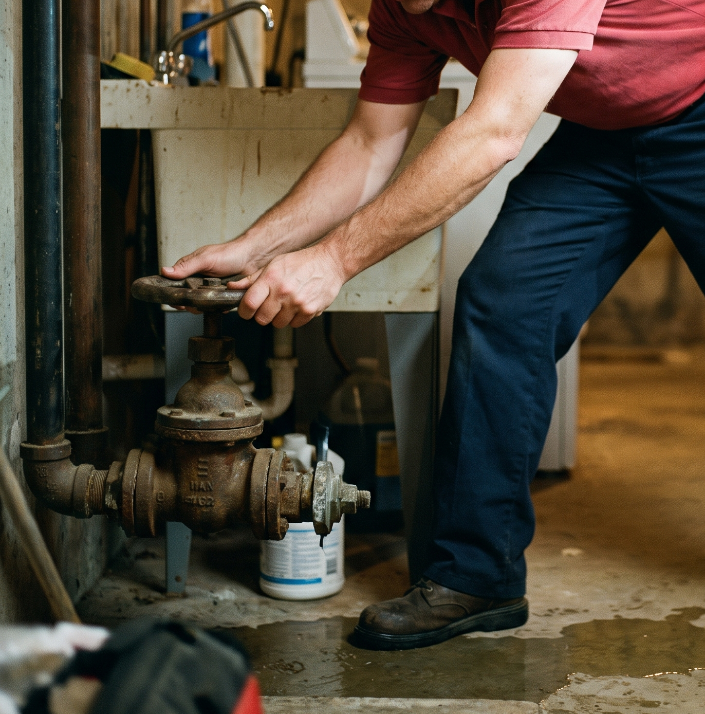 Red Otter Plumber fixing a burst pipe