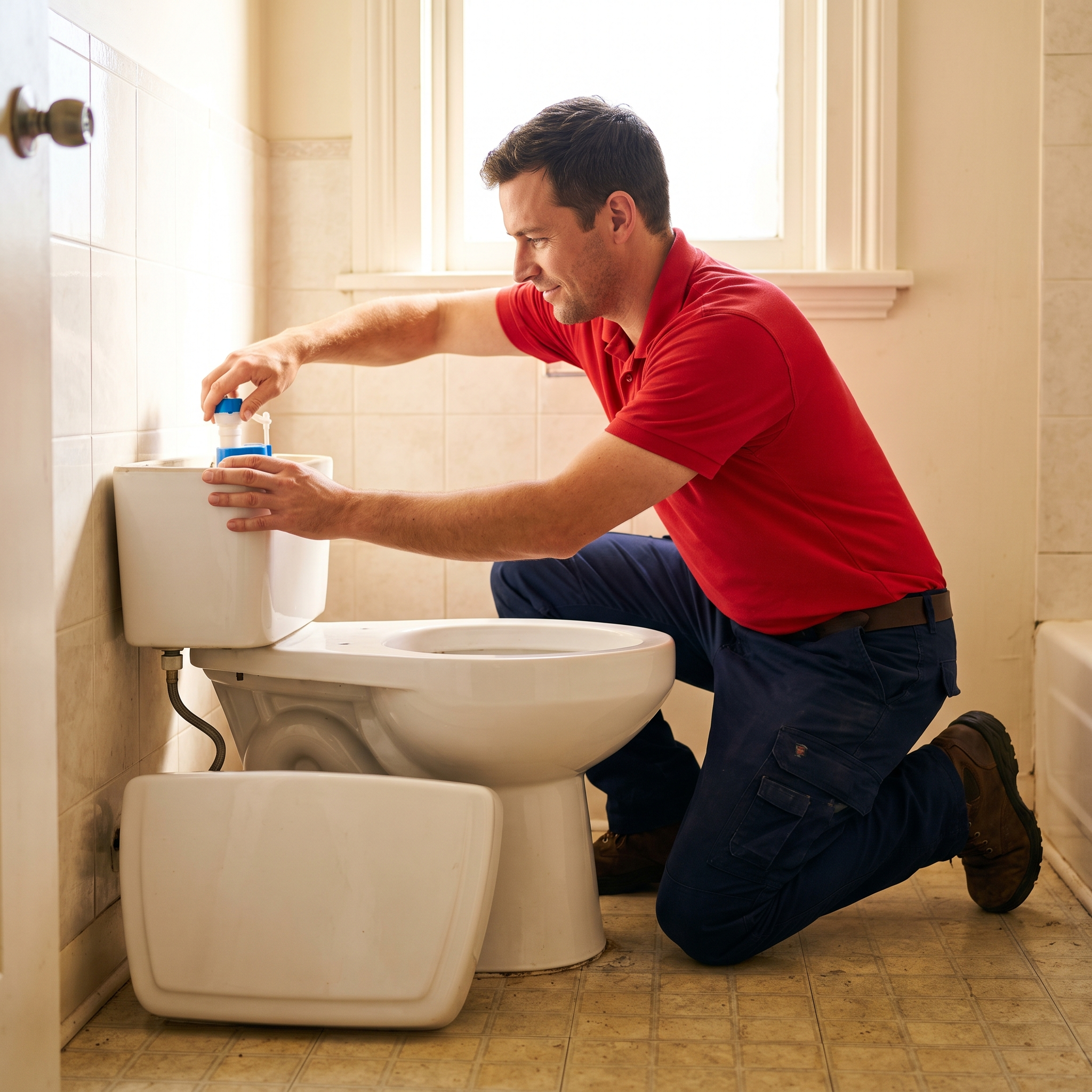 Red Otter Plumber repairing a toilet fixture