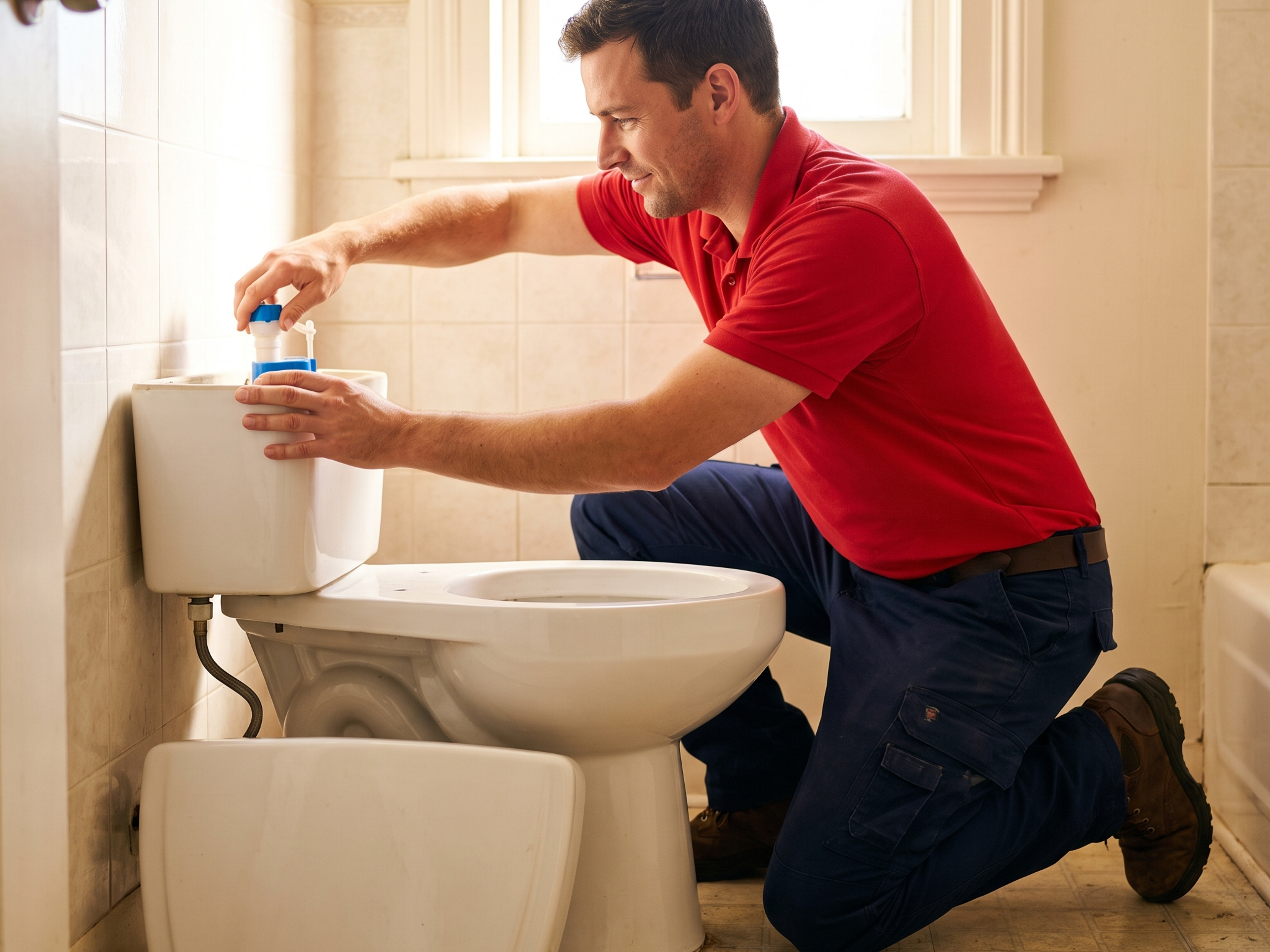 Red Otter Plumber repairing a toilet fixture