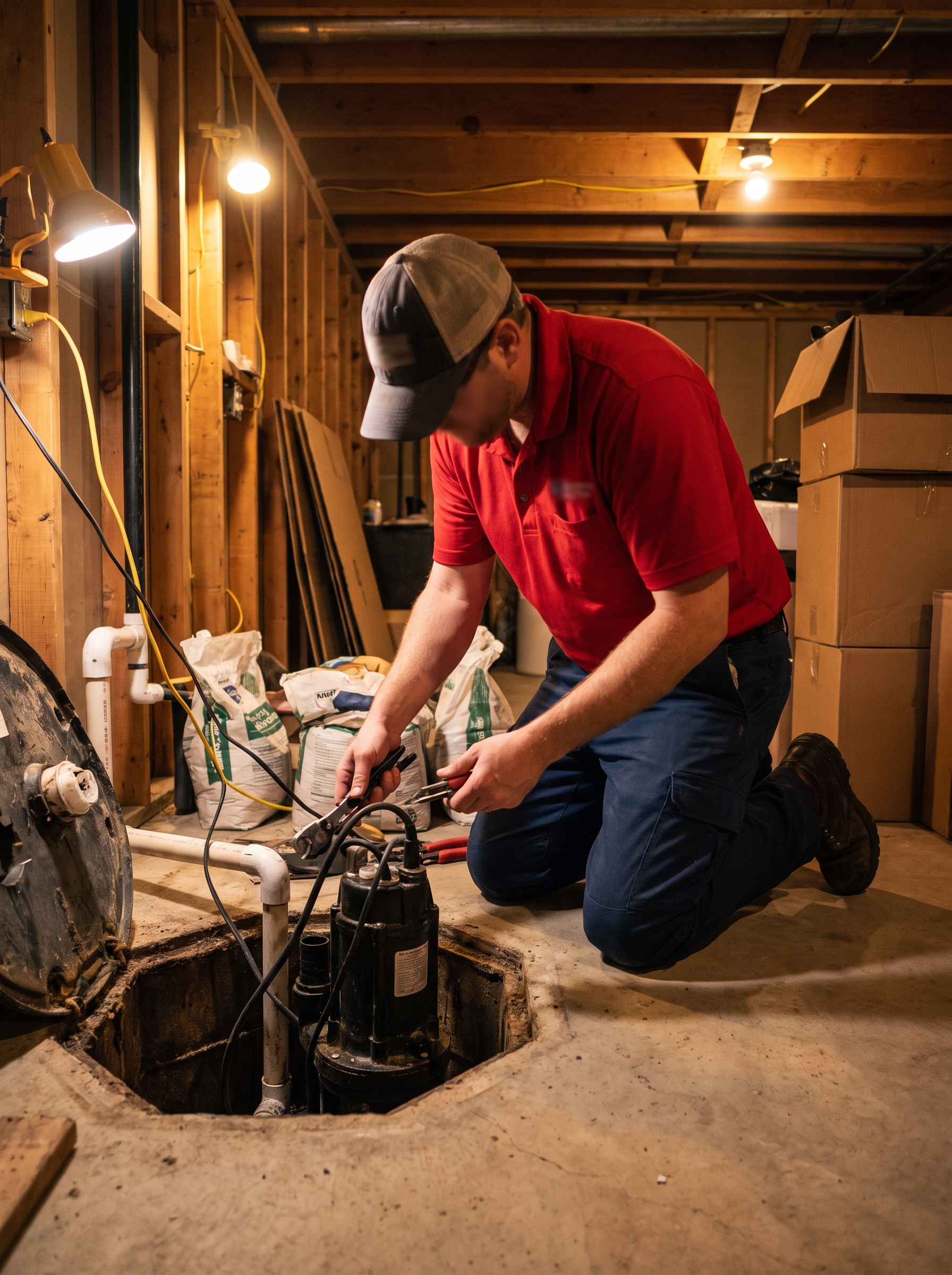 Red Otter Plumber Inspecting and Repairing a Sump Pump