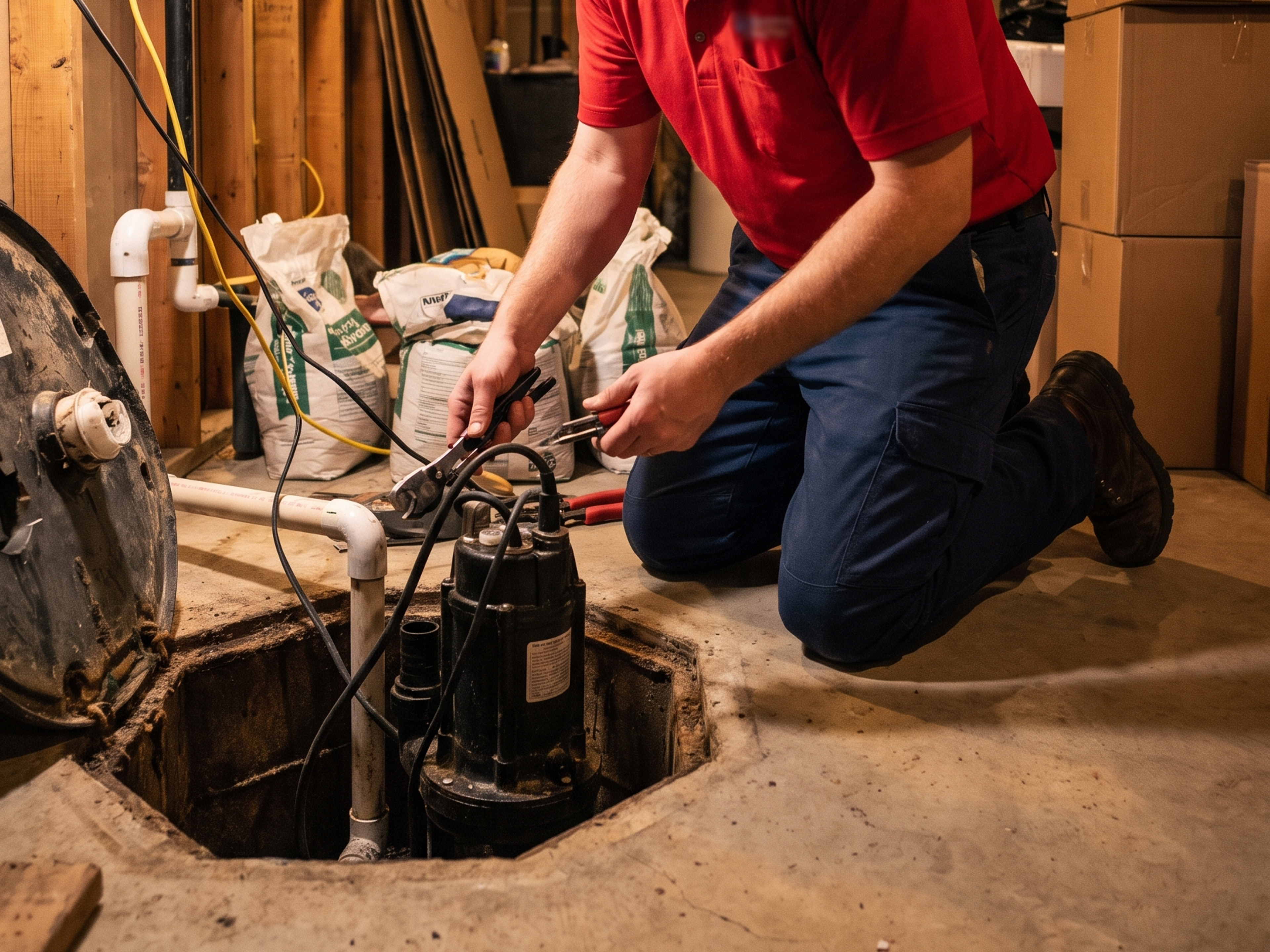 Red Otter Plumber Inspecting and Repairing a Sump Pump