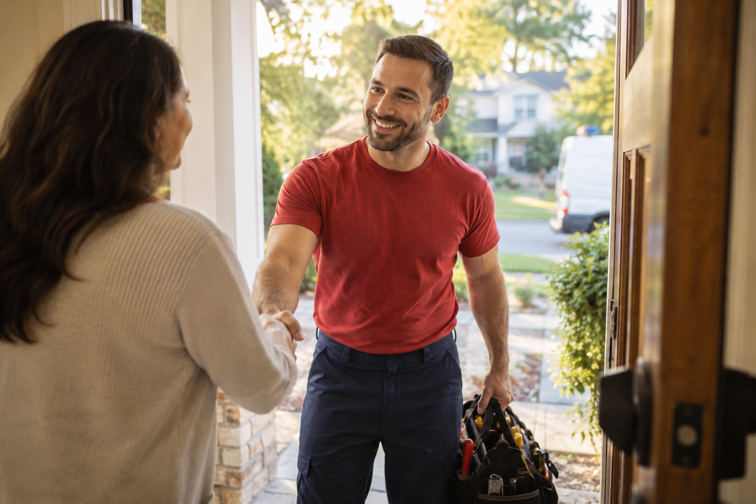 Red Otter Plumber arriving at a waterloo home to fix a clogged drain