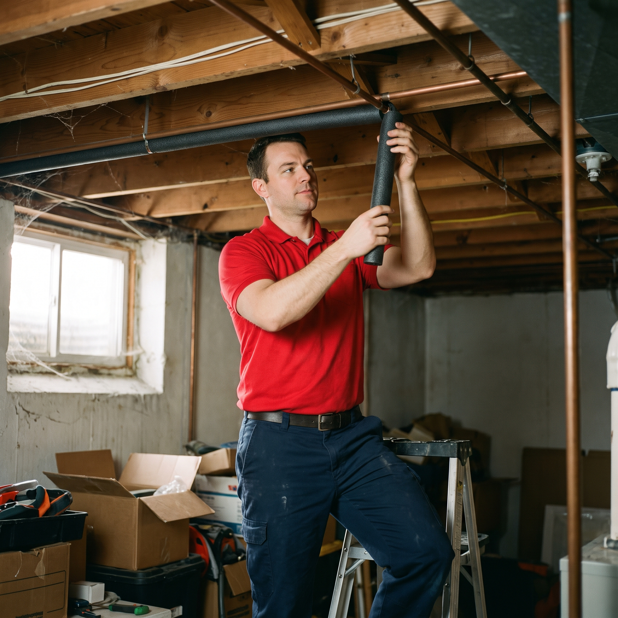 Red Otter Plumbing insulating exposed pipe to prevent frozen pipes