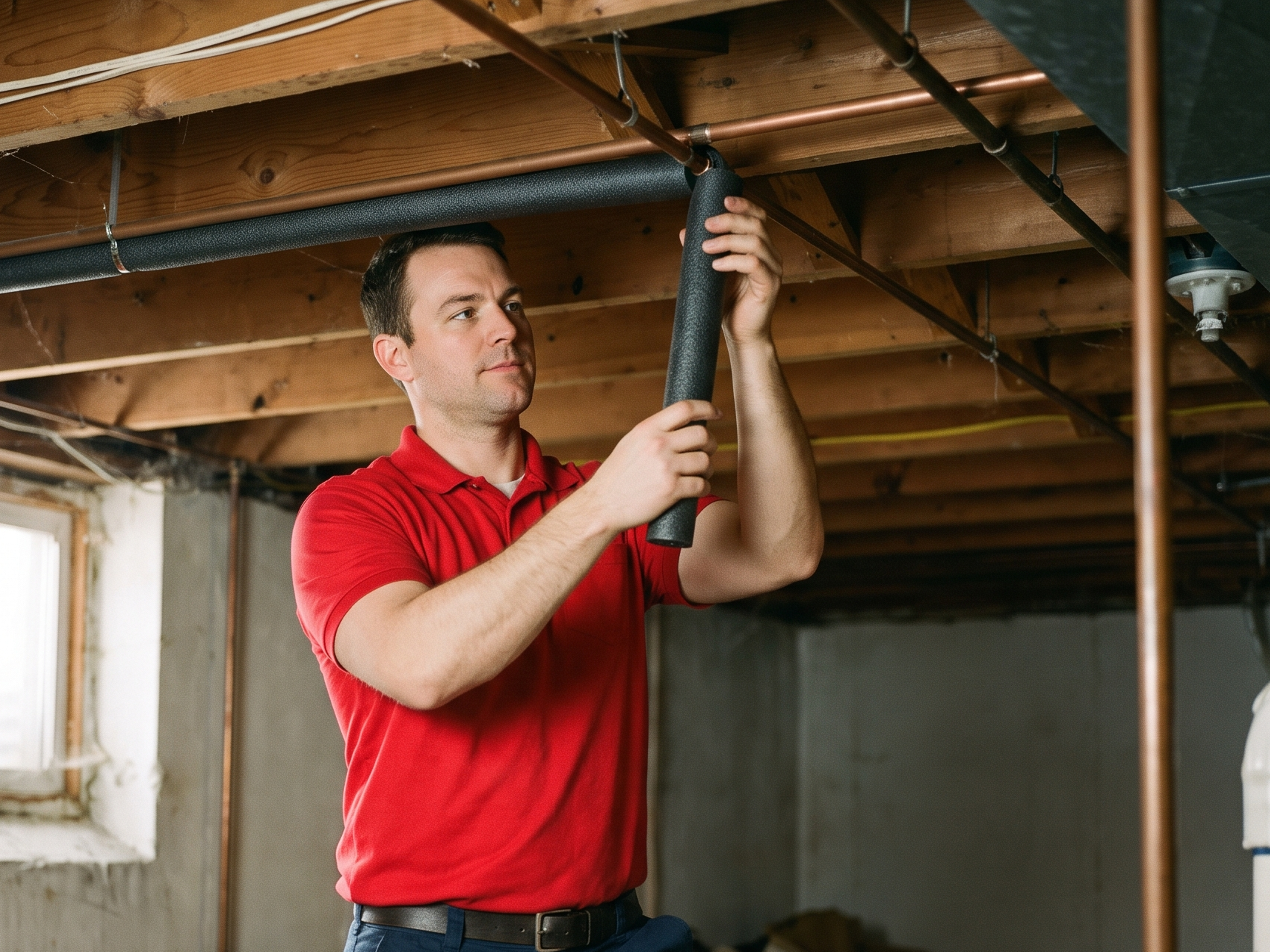 Red Otter Plumbing insulating exposed pipe to prevent frozen pipes