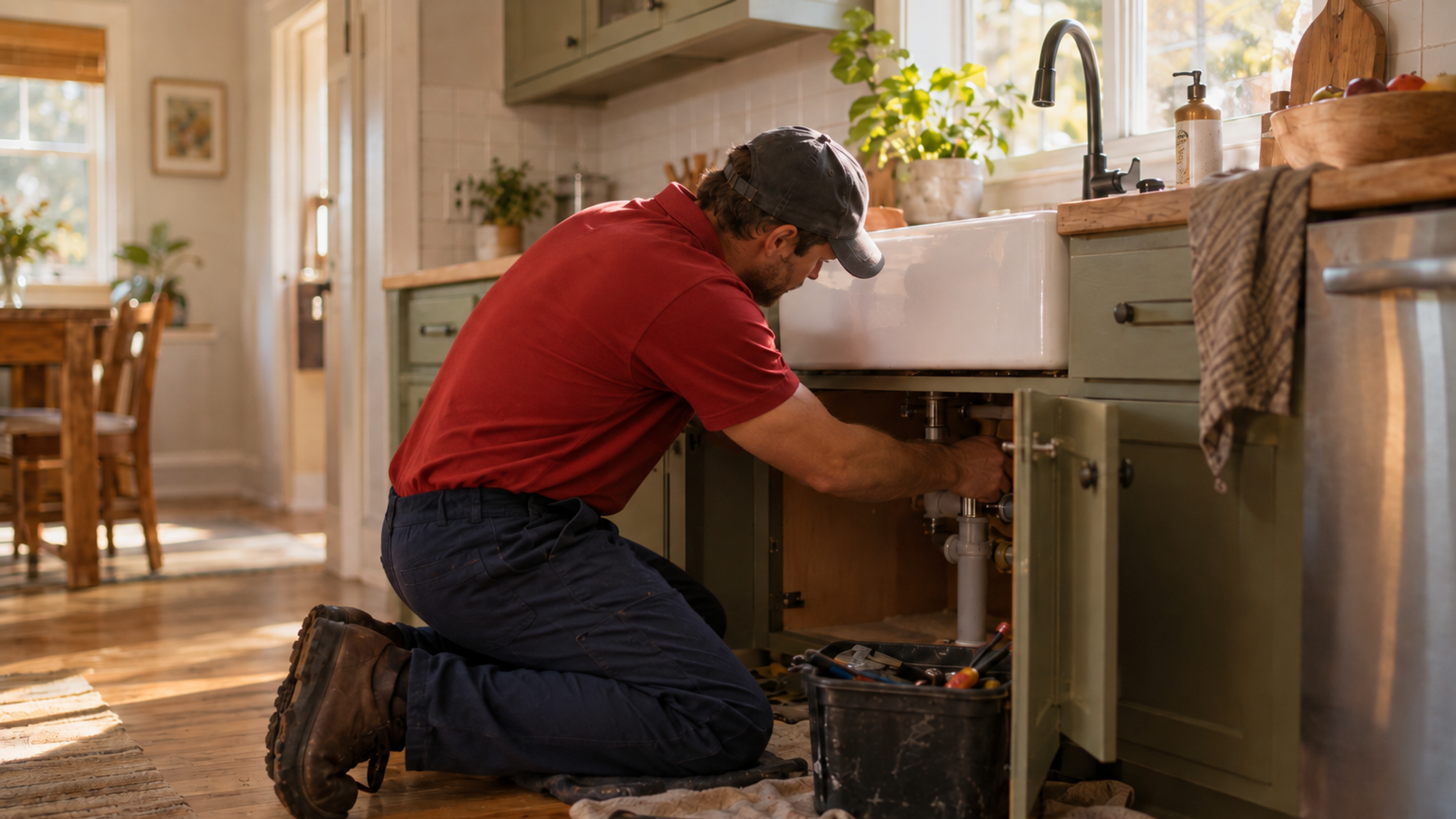 Red Otter plumber repairing a kitchen drain in a Kitchener home