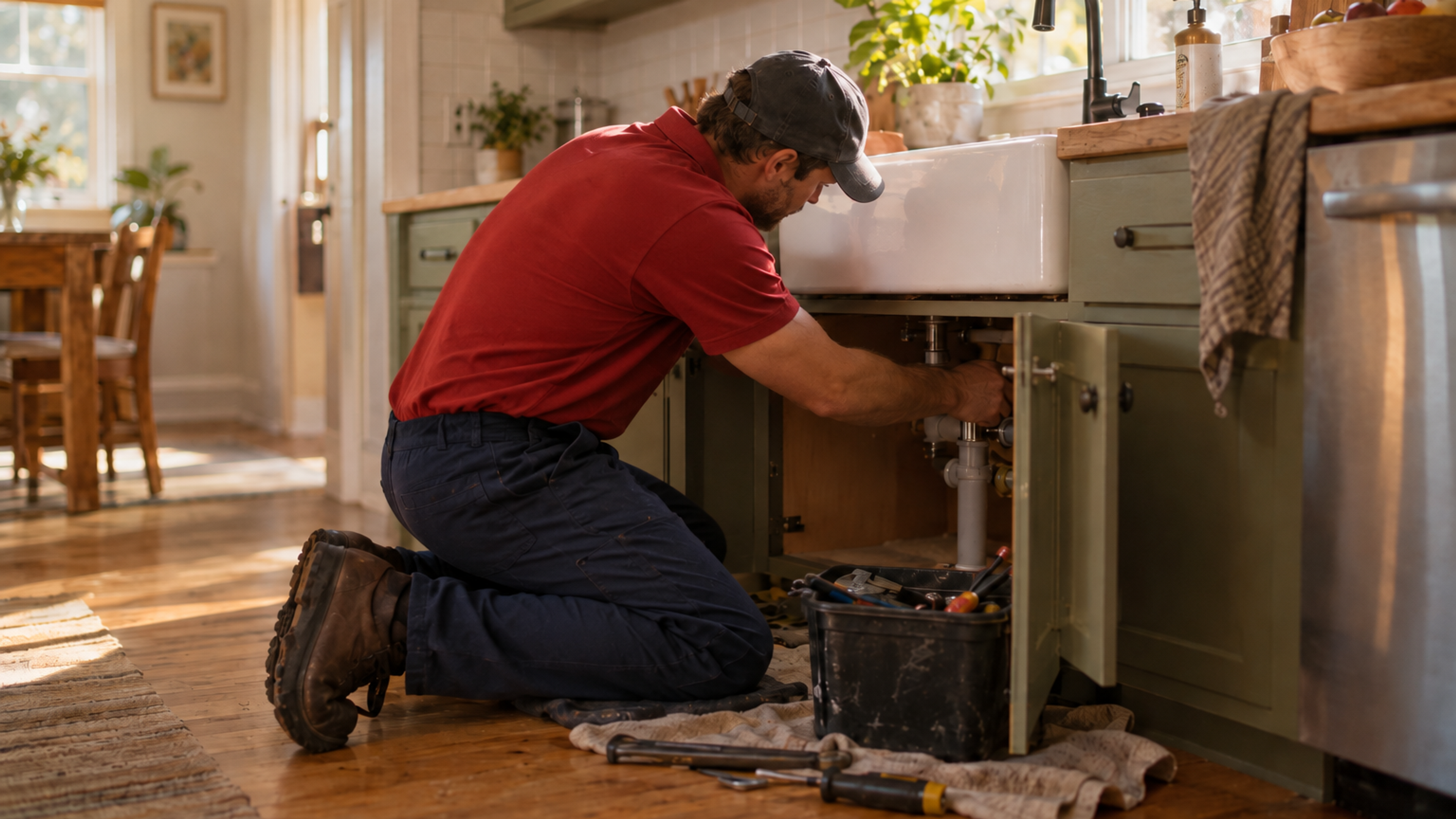 red otter plumber fixing a drain clog in a Cambridge home