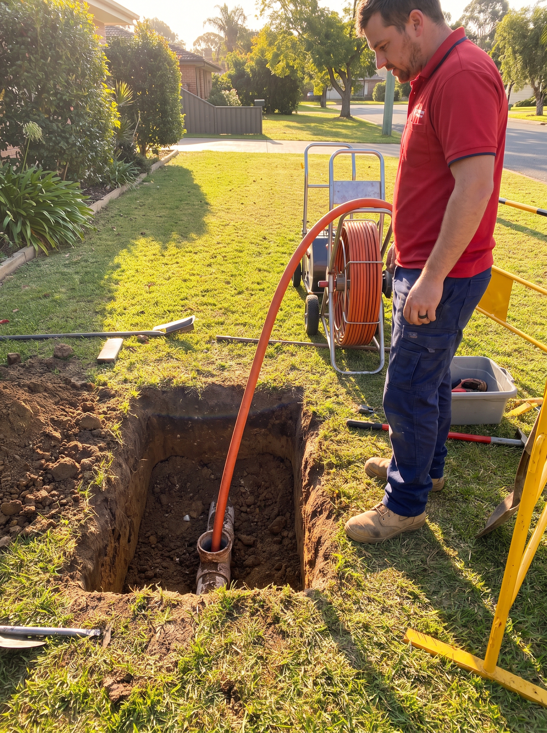 Red Otter Plumber Fixing a Trenchless pipe