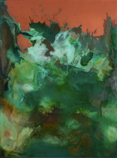 Nameless | 2014 | Bobcat, cougar, donkey, gray fox, red deer, racoon and skunk urines on copper powder and acrylic medium on polyester canvas on wood panel | 78.74 x 59.06 x 1.18 in