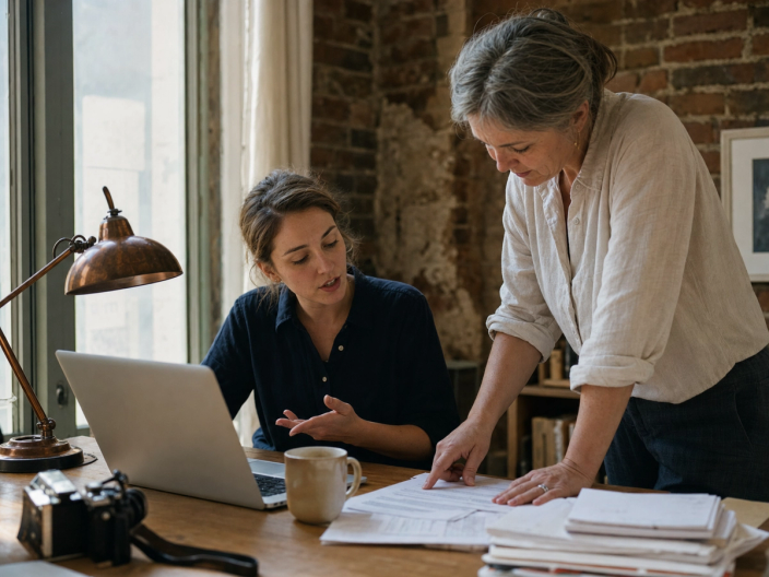 A senior staff member points out a line on a printed grant application while a colleague works beside her at a shared desk.