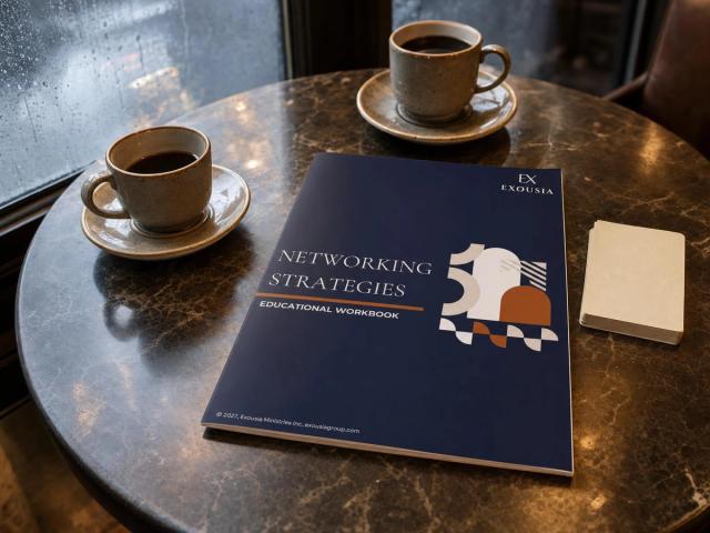 The Networking Strategies workbook on a dark marble cafe table by a rain-streaked window, beside two cups of coffee and a short stack of cream business cards.