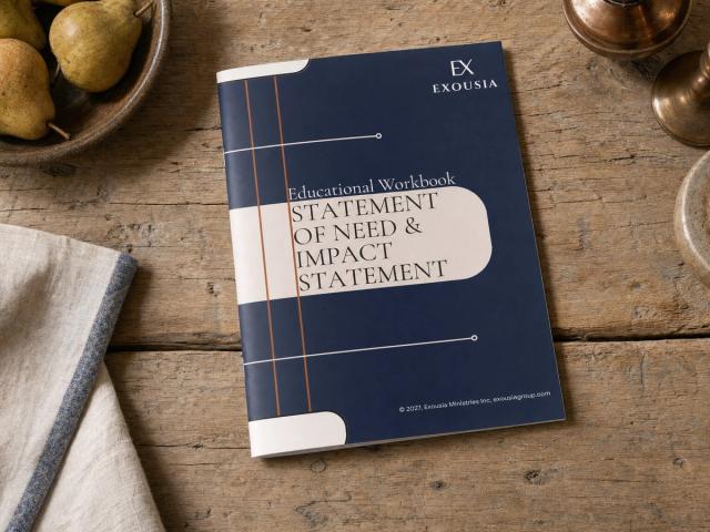 The Statement of Need & Impact Statement workbook on a scrubbed pine kitchen table in soft daylight, beside a stoneware bowl of pears.