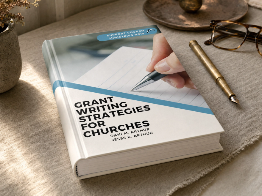 The hardcover edition of Grant Writing Strategies for Churches lying face-up on a linen tablecloth beside a brass fountain pen and a pair of reading glasses, in low afternoon window light.