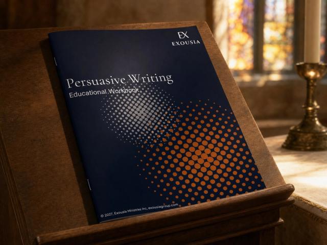The Persuasive Writing workbook on a wooden lectern in a quiet sanctuary, warm stained-glass light blurred behind it.