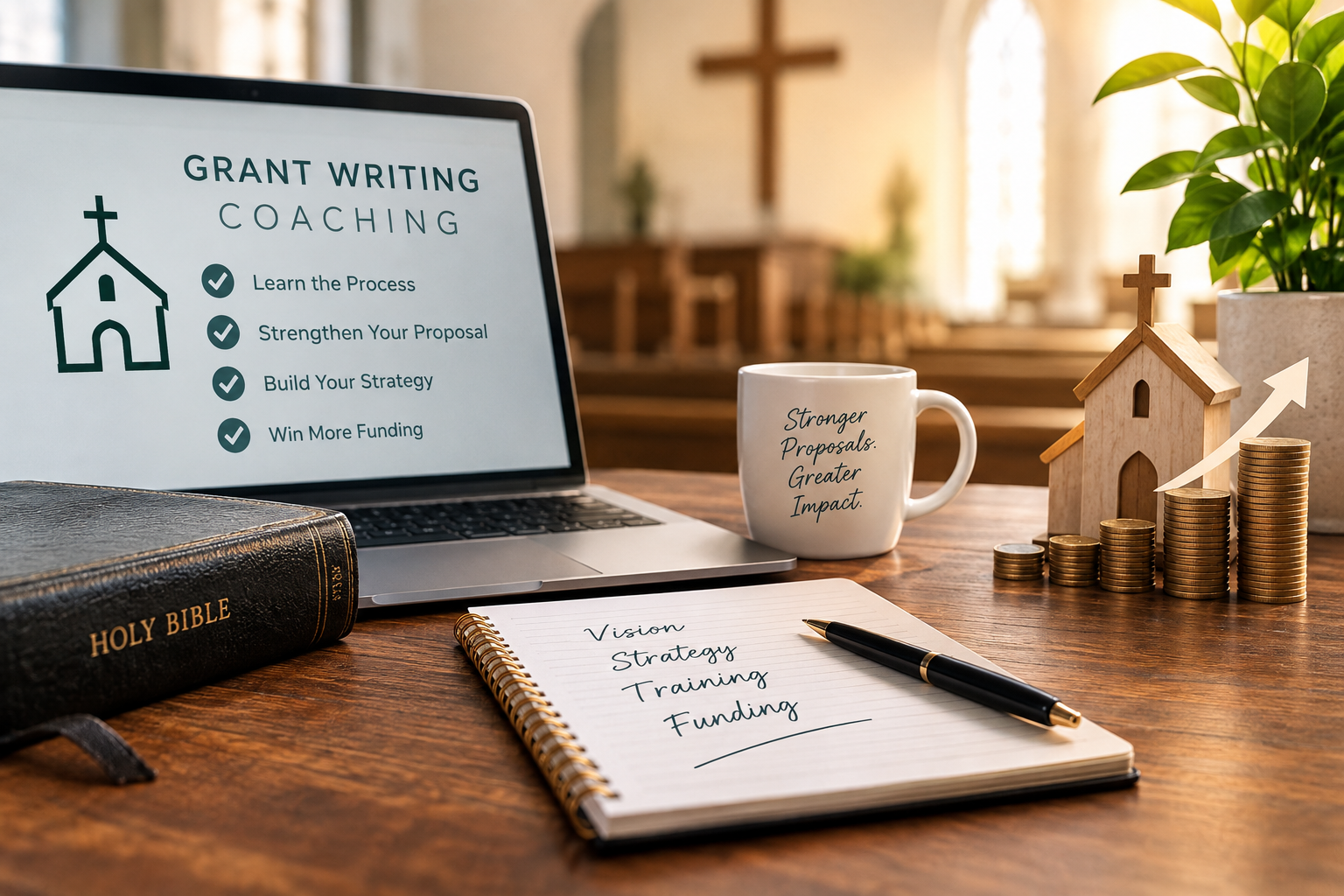 A church office desk with a laptop displaying grant writing coaching steps, a Bible, planning notebook, and rising stacks of coins representing increased funding for churches.