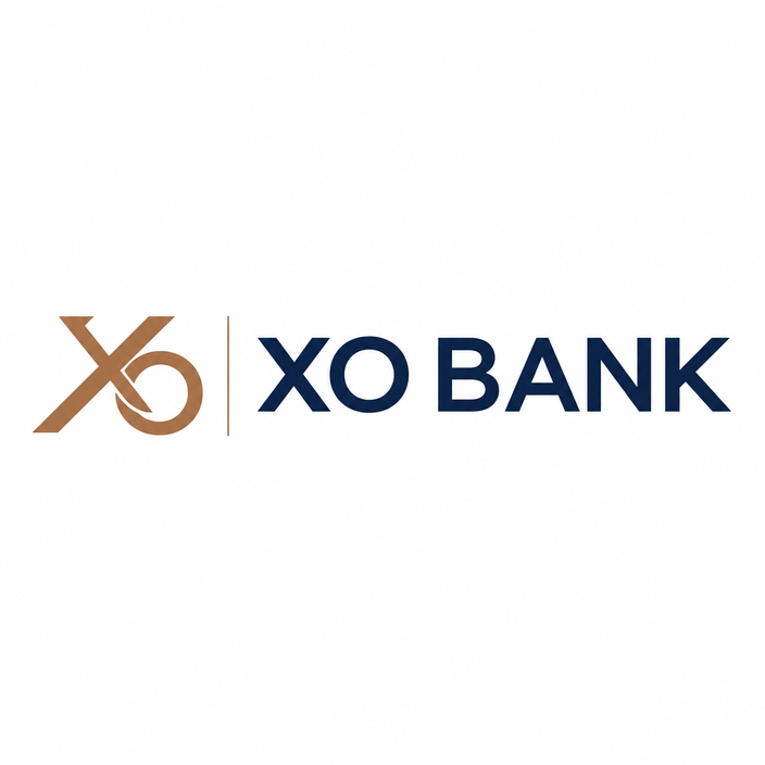 XO Bank logo — an interlocking bronze XO mark beside the wordmark in navy blue.