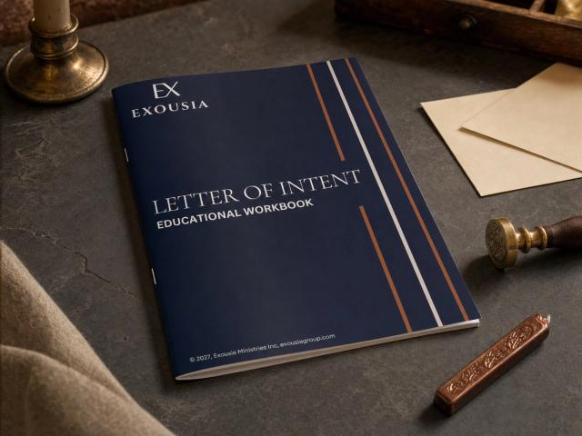 The Letter of Intent workbook on a slate writing desk beside a brass wax-seal stamp, a stick of copper sealing wax and cream envelopes.