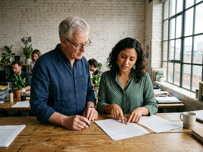 Two colleagues standing at a counter reviewing a printed draft together, one pointing at a paragraph.