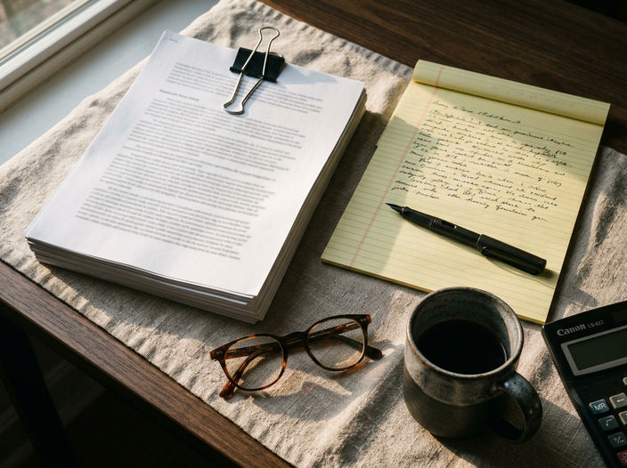 A stack of printed proposal pages held with a binder clip beside a handwritten legal pad, reading glasses and a fountain pen on linen.