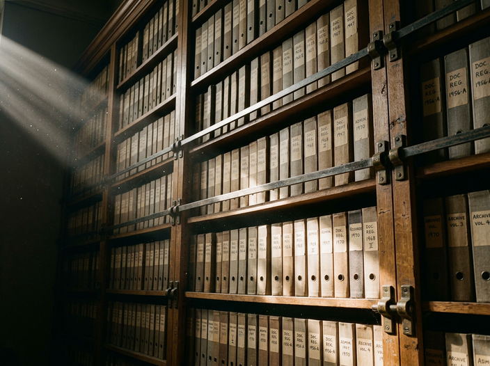 A wall of labelled archive binders on deep wooden shelving, lit by a shaft of afternoon light.