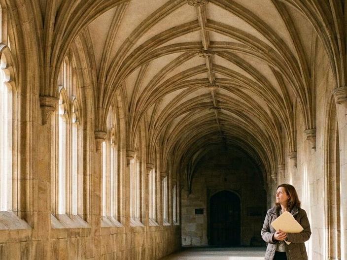 A nonprofit executive director walks a sunlit, vaulted stone cloister corridor of a historic community building, holding a folder of documents.
