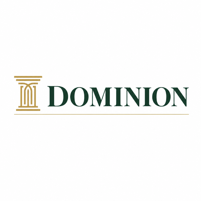 Dominion logo — a gold column mark beside the wordmark in deep green, underlined with a thin gold rule.
