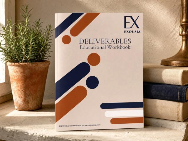 The Deliverables workbook standing against a stack of linen-bound books on a plaster windowsill, beside a terracotta pot of rosemary.