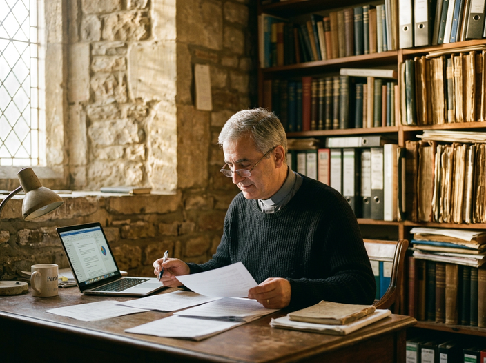 A pastor reviews grant paperwork and a laptop at a wooden desk in a church office, morning light across stone walls.
