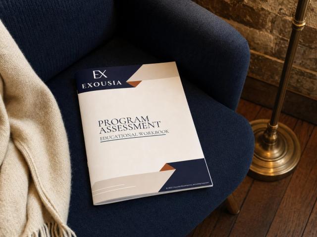 The Program Assessment workbook on the seat of a navy armchair beside a cream wool throw, a brass floor lamp glowing in the reading corner.