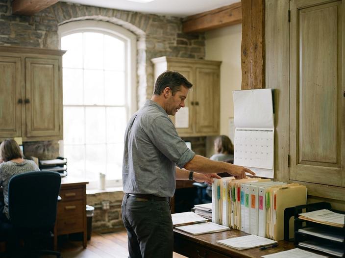 A grants administrator reviews a compliance calendar and reporting binders at a wooden desk in a nonprofit office, morning light across stone and timber.
