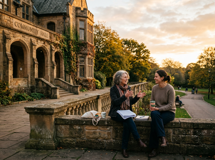 Two women in conversation on a stone terrace outside a community hall in warm golden-hour light.