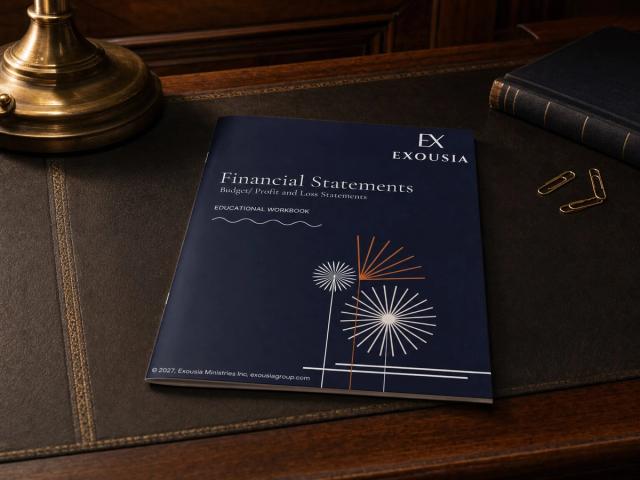 The Financial Statements workbook on a leather desk blotter in a wood-panelled study at evening, beside a cloth ledger and brass paper clips.