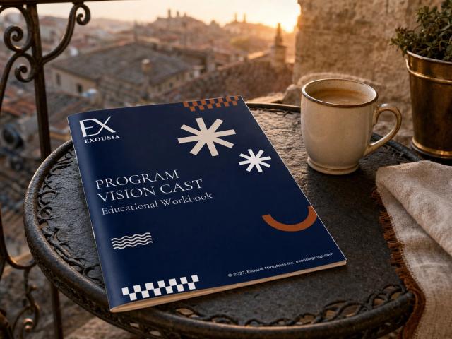 The Program Vision Cast workbook on a wrought-iron bistro table on a balcony at sunrise, a cup of coffee beside it and rooftops below.