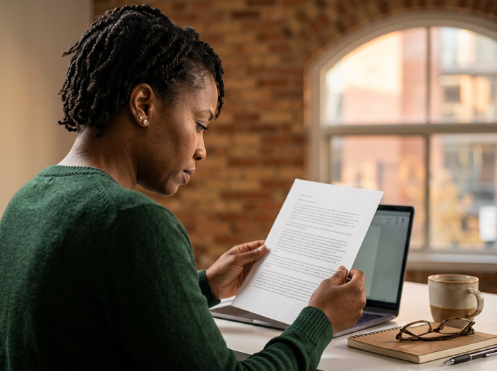 A woman at a desk reading a single printed page, an arched window and exposed brick behind her.