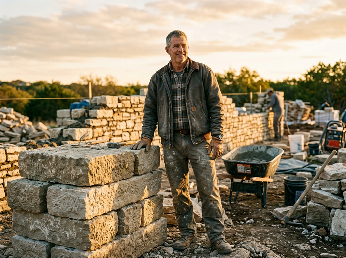 A bi-vocational pastor and small-business owner stands at a stone masonry worksite at golden hour.