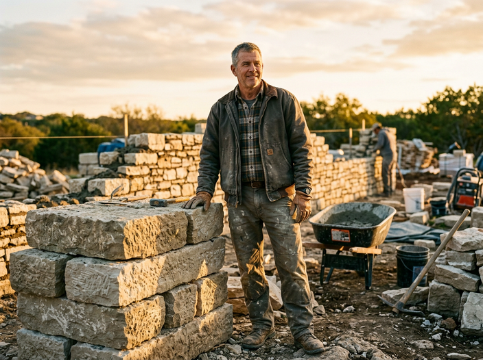 A bi-vocational pastor and small-business owner stands at a stone masonry worksite at golden hour.