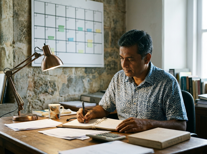 An administrator writing in an open ring binder at a desk, a blank monthly wall planner on the stone wall behind him.